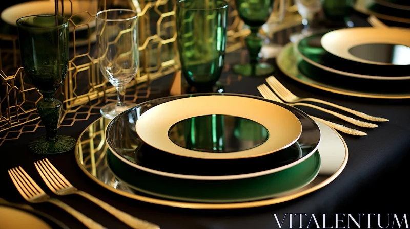 AI ART Exquisite Table Setting in Gold and Emerald with Bold Lines