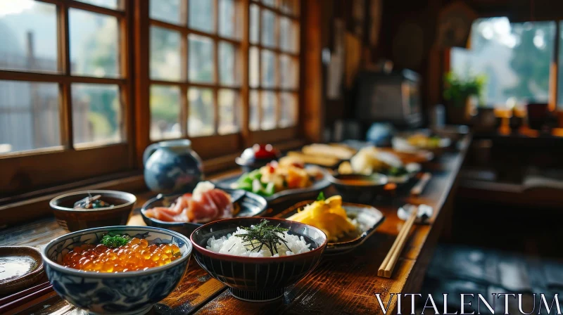 Exquisite Traditional Japanese Breakfast on a Wooden Table AI Image