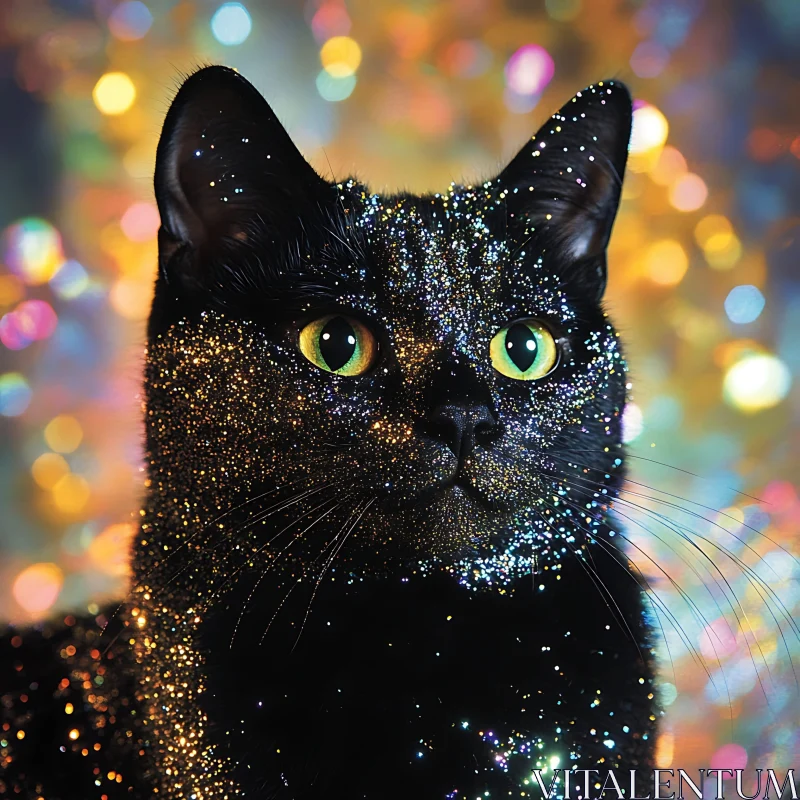 Glittering Black Cat with Bright Eyes and Colorful Bokeh AI Image