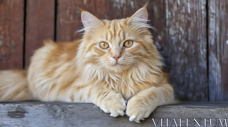 Serene Golden-Haired Cat on Rustic Beam AI Image