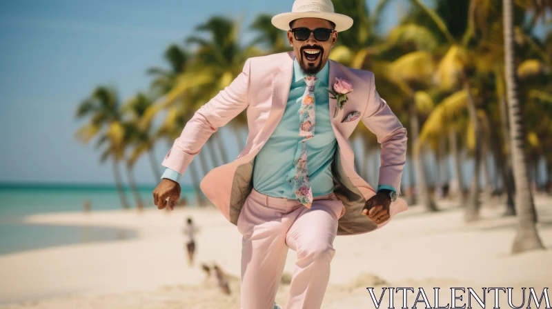 Fashionable Man in Pink Suit Running on Beach AI Image