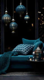 Festive Arabesque Sofa with Blue Pillows and Lamps