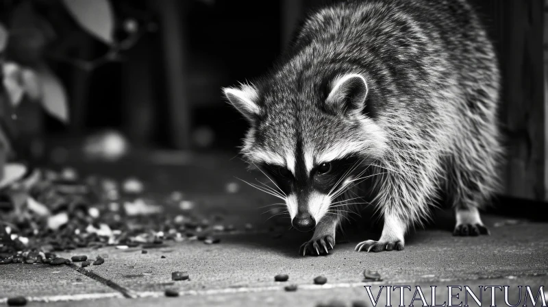 Glimpse into the World of Wildlife: Captivating Grayscale Photo of a Raccoon Sniffing Bird Seed AI Image