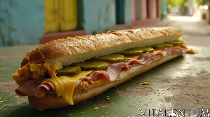 Mouthwatering Cuban Sandwich on Wooden Table AI Image