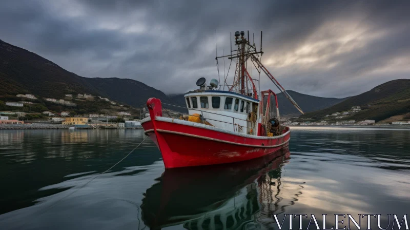Powerful Red Fishing Boat in Stormy Waters | Whistlerian Coastal Views AI Image