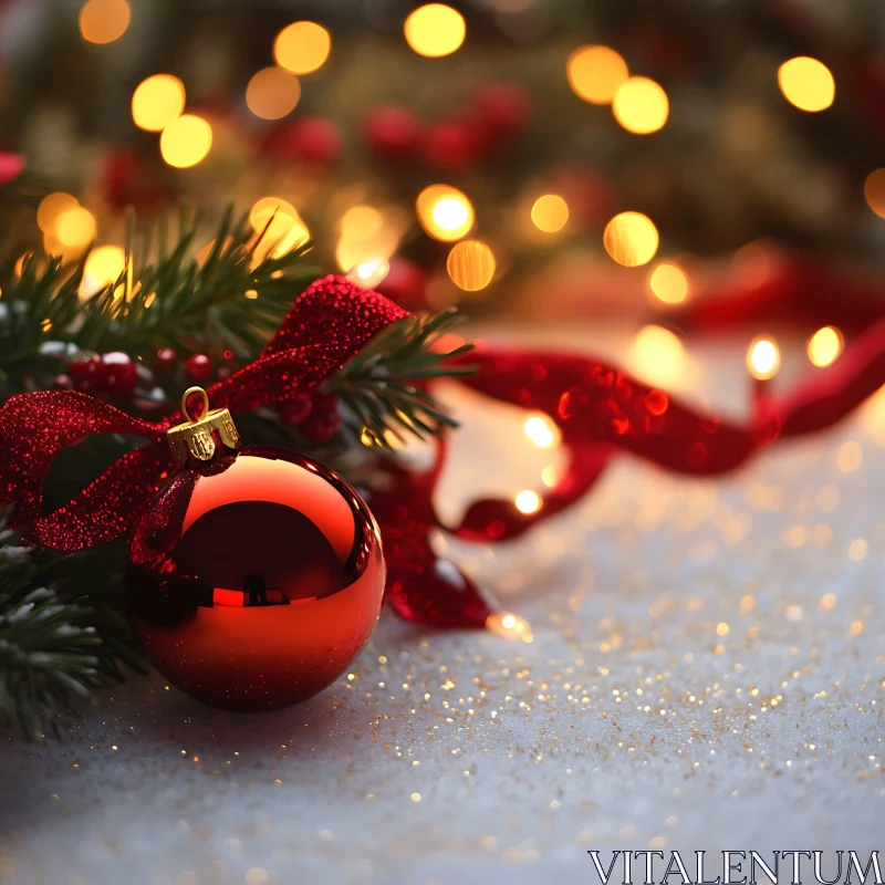 Holiday Decor: Red Ornament on Snow with Twinkling Lights AI Image