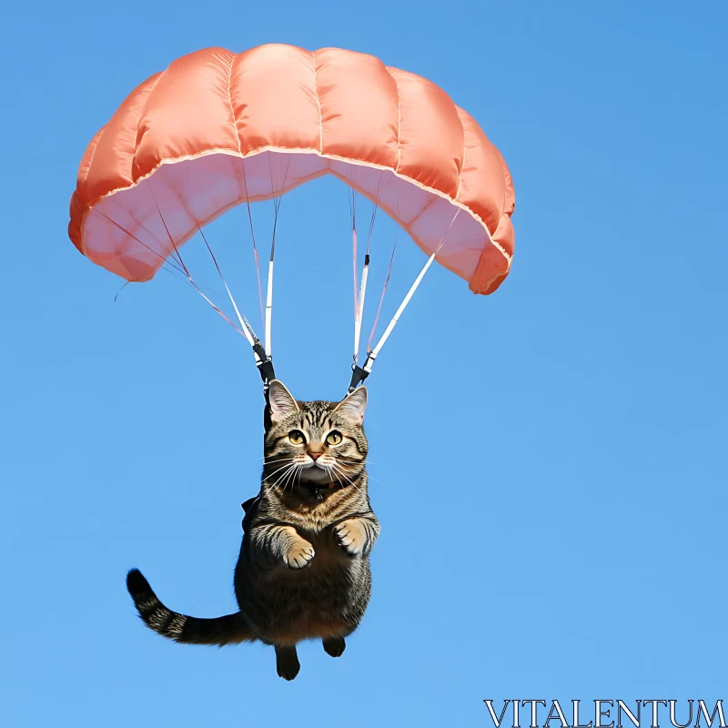 Feline Gliding with Parachute in Clear Skies AI Image