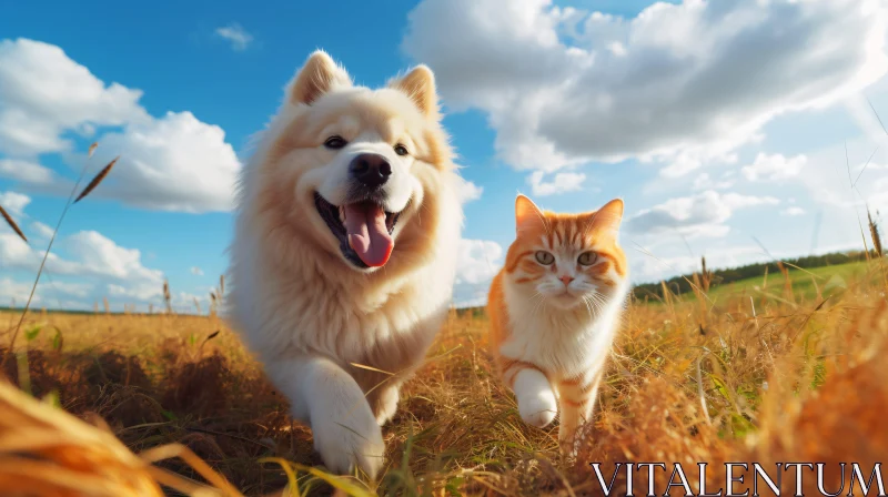 Dog and Cat Friendship in a Bright Sunny Field AI Image