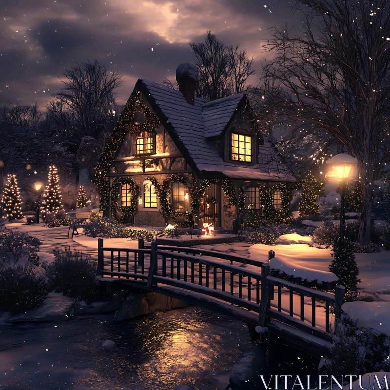 Cozy Christmas Cottage in Snowy Wonderland AI Image