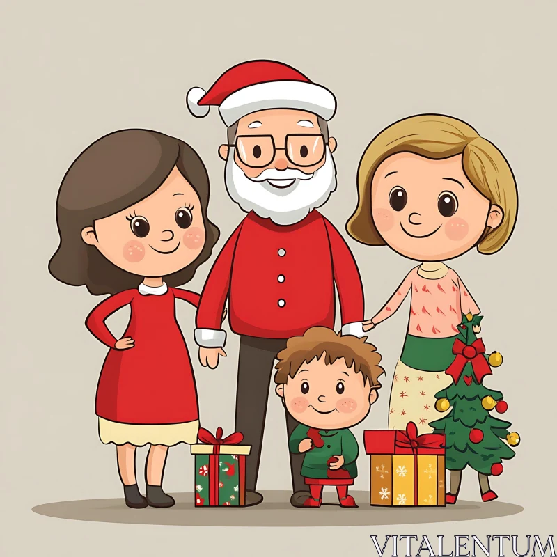 Holiday Family Cartoon with Santa, Gifts, and Christmas Tree AI Image