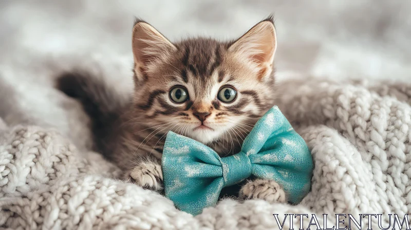 Fluffy Kitten in Knitted Blanket Wearing a Turquoise Bow AI Image