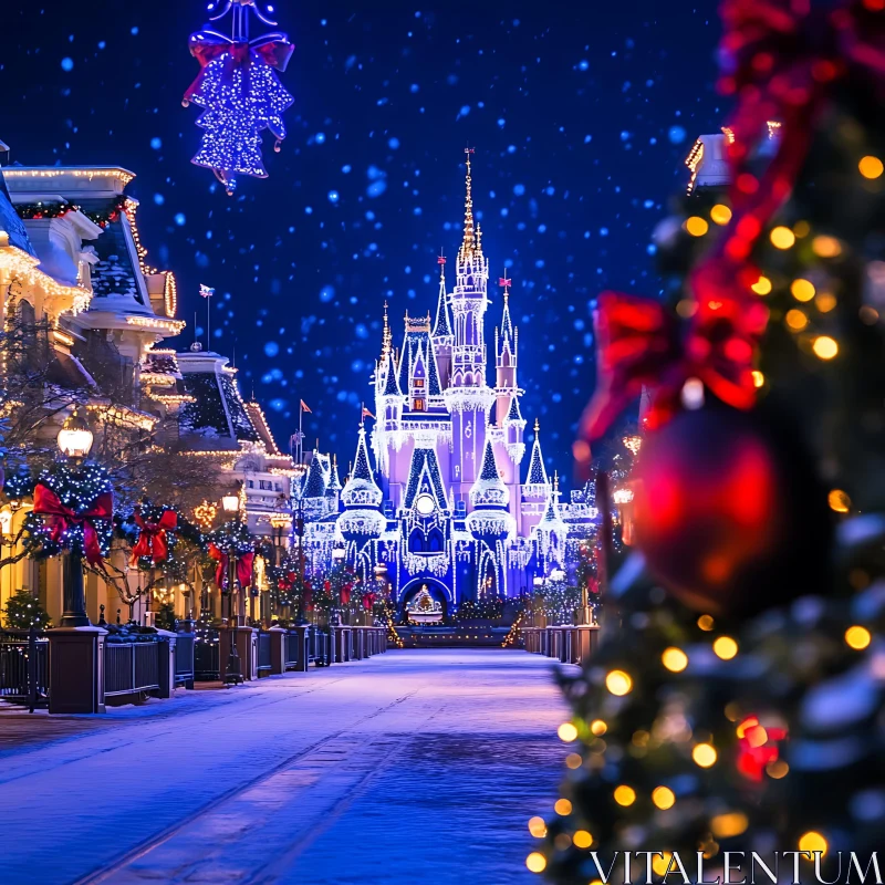 Magical Christmas Night at the Illuminated Castle AI Image