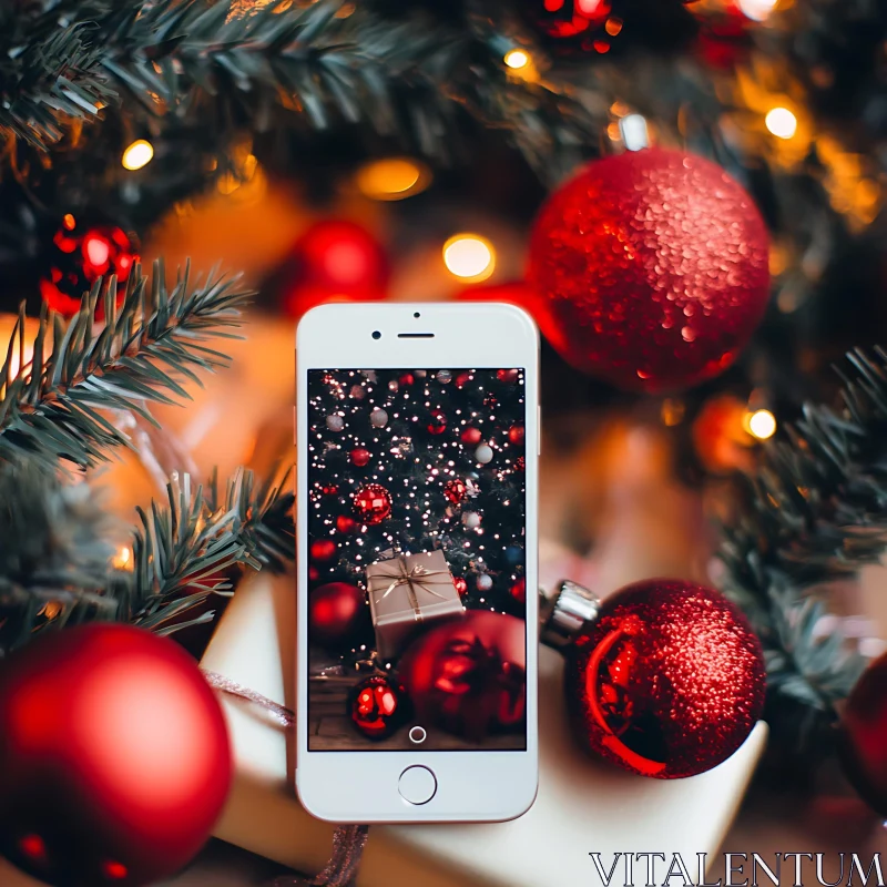 Festive Ornaments and Gifts Displayed on Smartphone AI Image