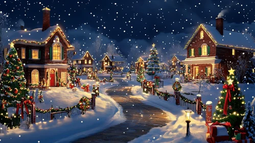 Picturesque Snowy Christmas Scene with Holiday Lights