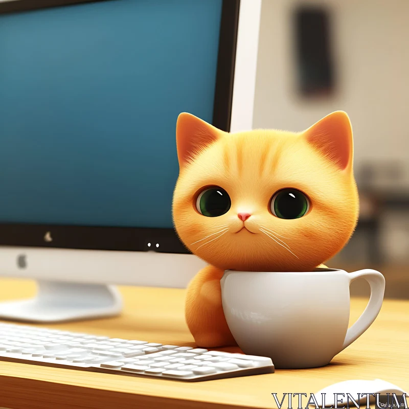 Cute Kitten Sitting in a Cup on Desk AI Image