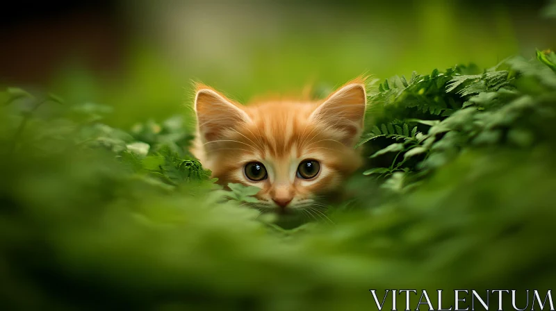 AI ART Ginger Kitten Hidden in Green Leaves