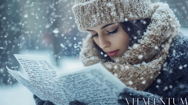 AI ART Focused Woman Reading in Winter Snow