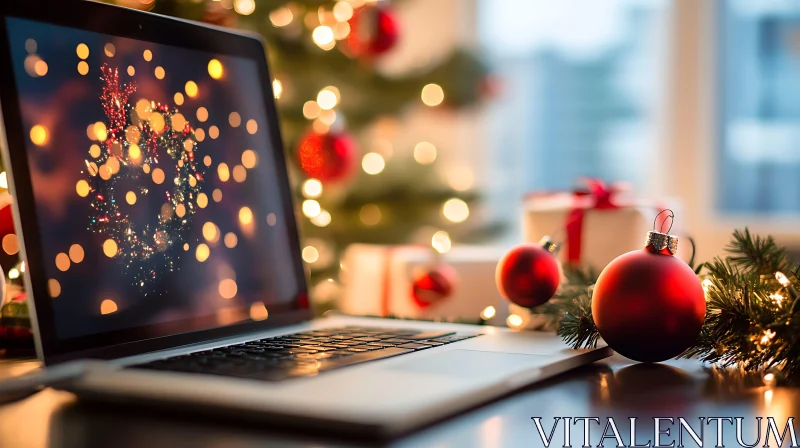 Holiday Decorated Desk with Laptop AI Image