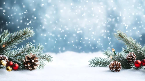 Winter Scene with Pine Branches and Ornaments