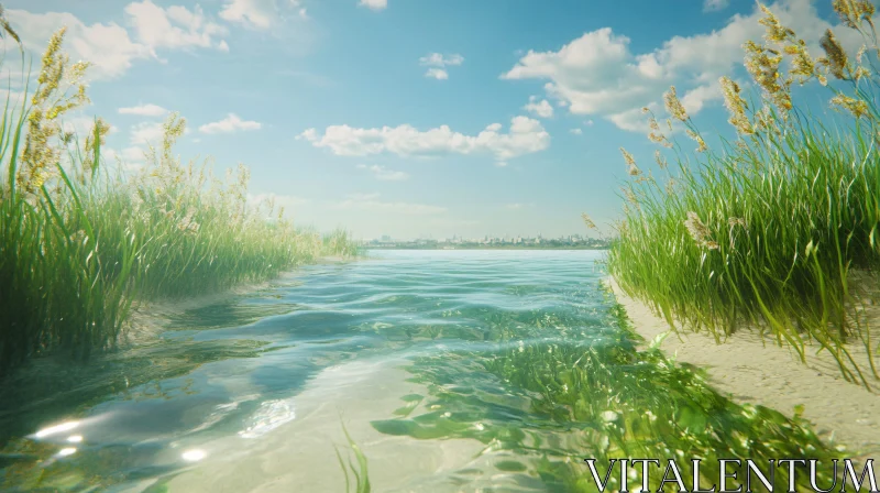 Tranquil Lake with Green Grass and Blue Sky AI Image