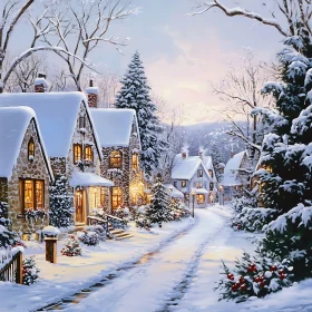 Cozy Winter Village with Snow-Draped Cottages