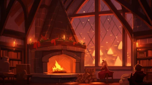 Captivating Anime Art: A Festive Fireplace and Window View