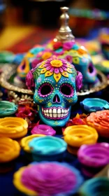 Colorful Sugar Skulls and Flowers Tableau: A Christcore Style Exploration
