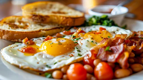 Delicious Breakfast: Fried Egg, Bacon, Beans, Tomatoes, and Toast