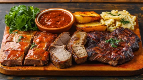 Delicious Grilled Meats and Pasta on a Wooden Plate