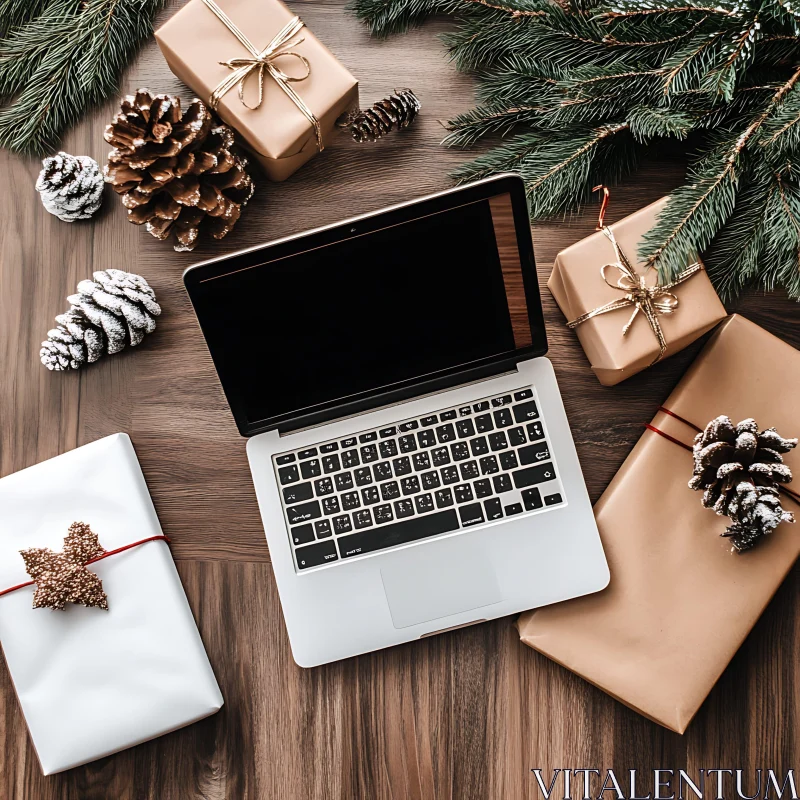 Holiday-Themed Work Setup with Presents and Pinecones AI Image