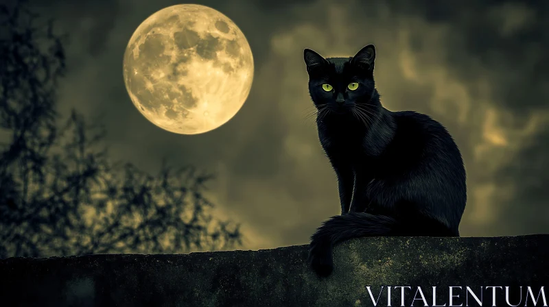 Mystic Black Cat Silhouette with Full Moon AI Image