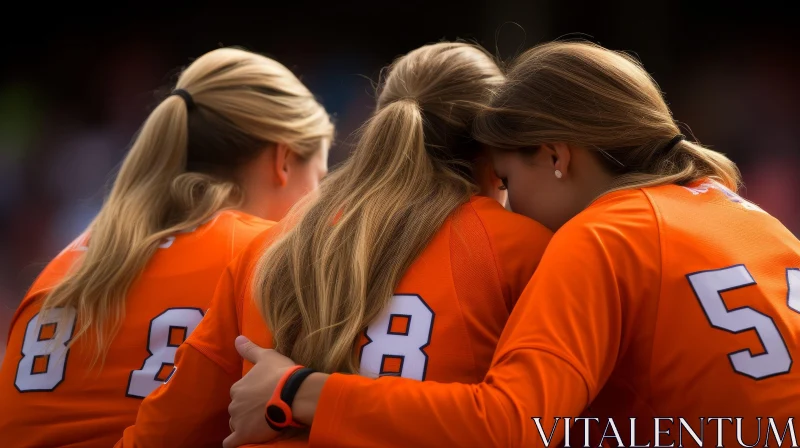 Emotional Moment: Female Athletes in Orange Uniforms Hugging AI Image