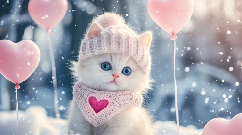 Cute Winter Kitten with Pink Balloons