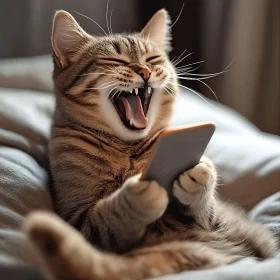 Cute Cat Holding Phone and Laughing