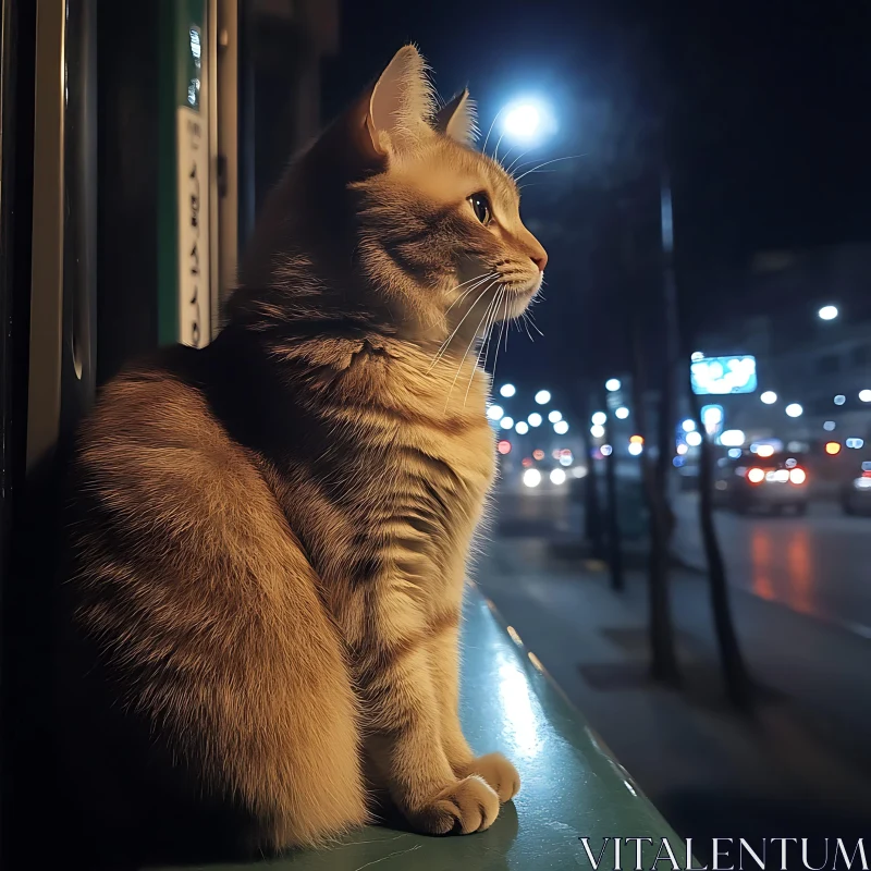 Nocturnal Cat Watching City Lights AI Image