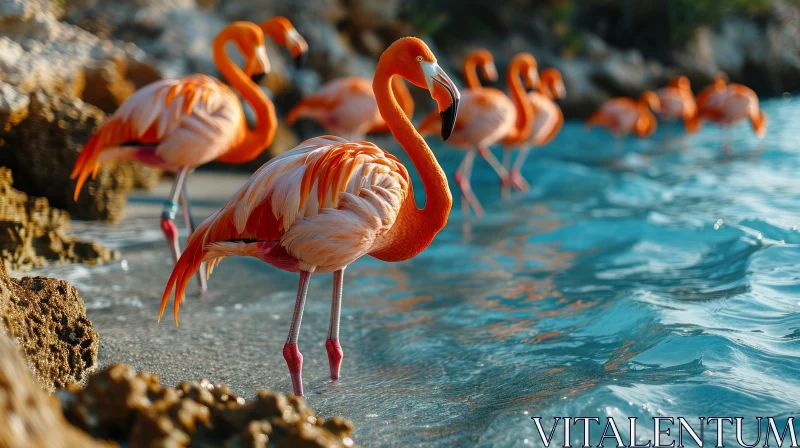 Graceful Pink Flamingos at the Edge of a Turquoise Beach AI Image