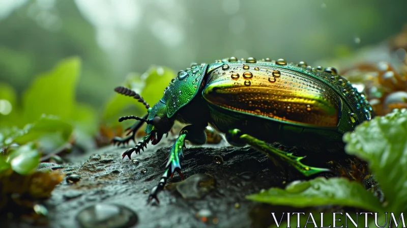 Green and Gold Beetle Close-up on Brown Branch AI Image