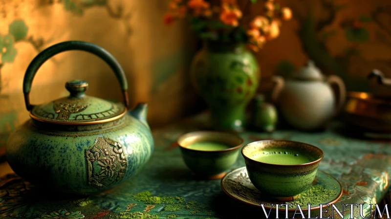 Green Tea Set on Wooden Table - Serene Still Life Composition AI Image