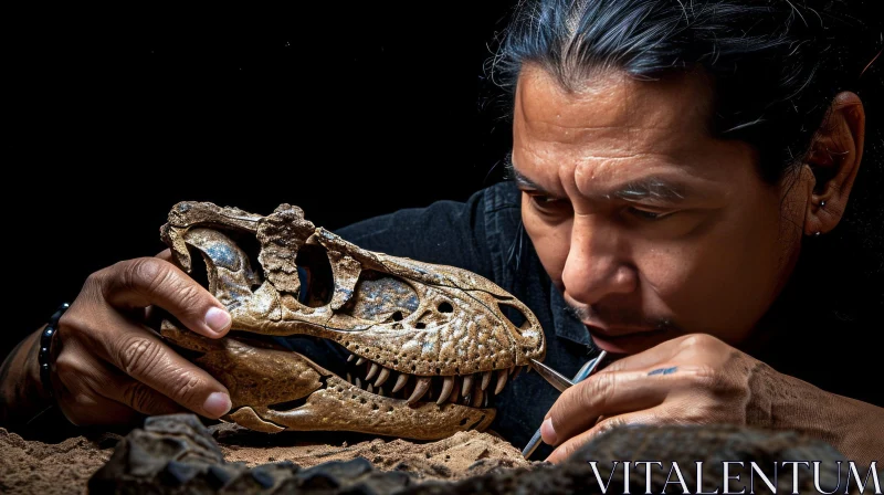 Intense Portrait of a Man Examining a Dinosaur Skeleton AI Image