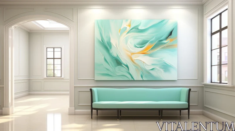 Teal and White Abstract Waves in a Hallway AI Image