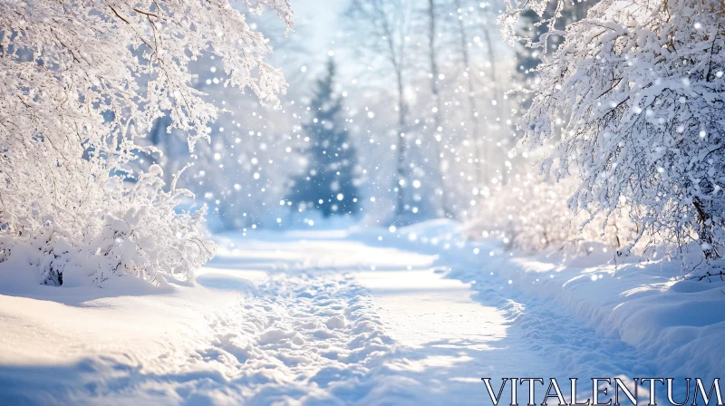 Snowy Forest Path with Falling Snowflakes AI Image