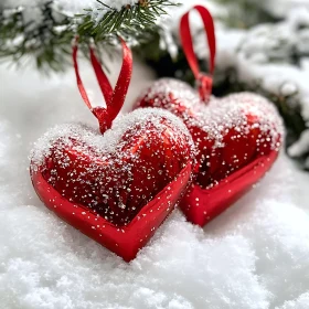 Snow-Covered Red Heart Christmas Decorations