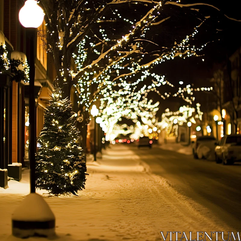 AI ART Snowy Night with Festive Christmas Street Decorations