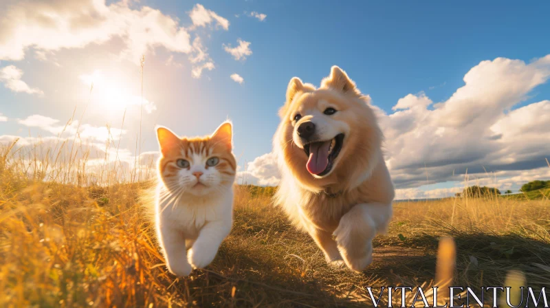 Cat and Dog in Sunny Meadow AI Image