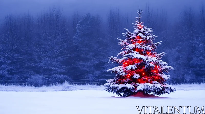 Illuminated Christmas Tree in Winter Wonderland AI Image