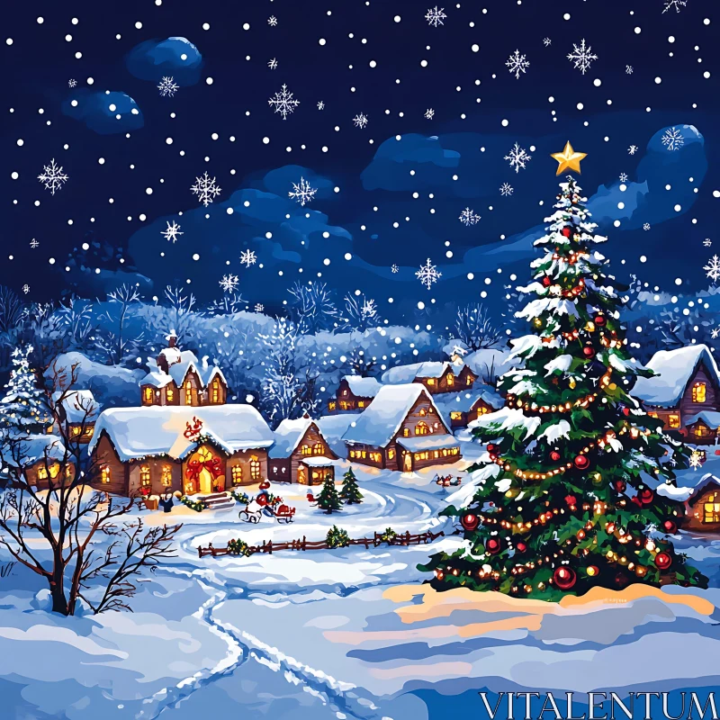 Snow-Covered Village at Night with Lit Christmas Tree AI Image