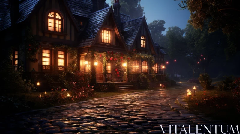 Captivating Night Scene in Front of a Charming Cottage | Fantasy Art AI Image