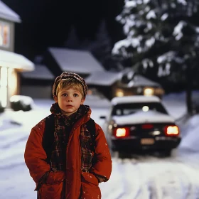 Child Standing in Snowy Driveway at Night