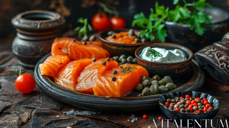 Delicious Smoked Salmon with Capers and Cherry Tomatoes on Wooden Board AI Image