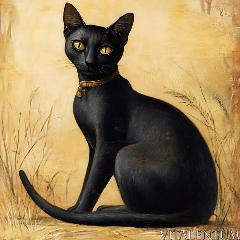 Black Cat with Golden Eyes and Ancient Collar AI Image